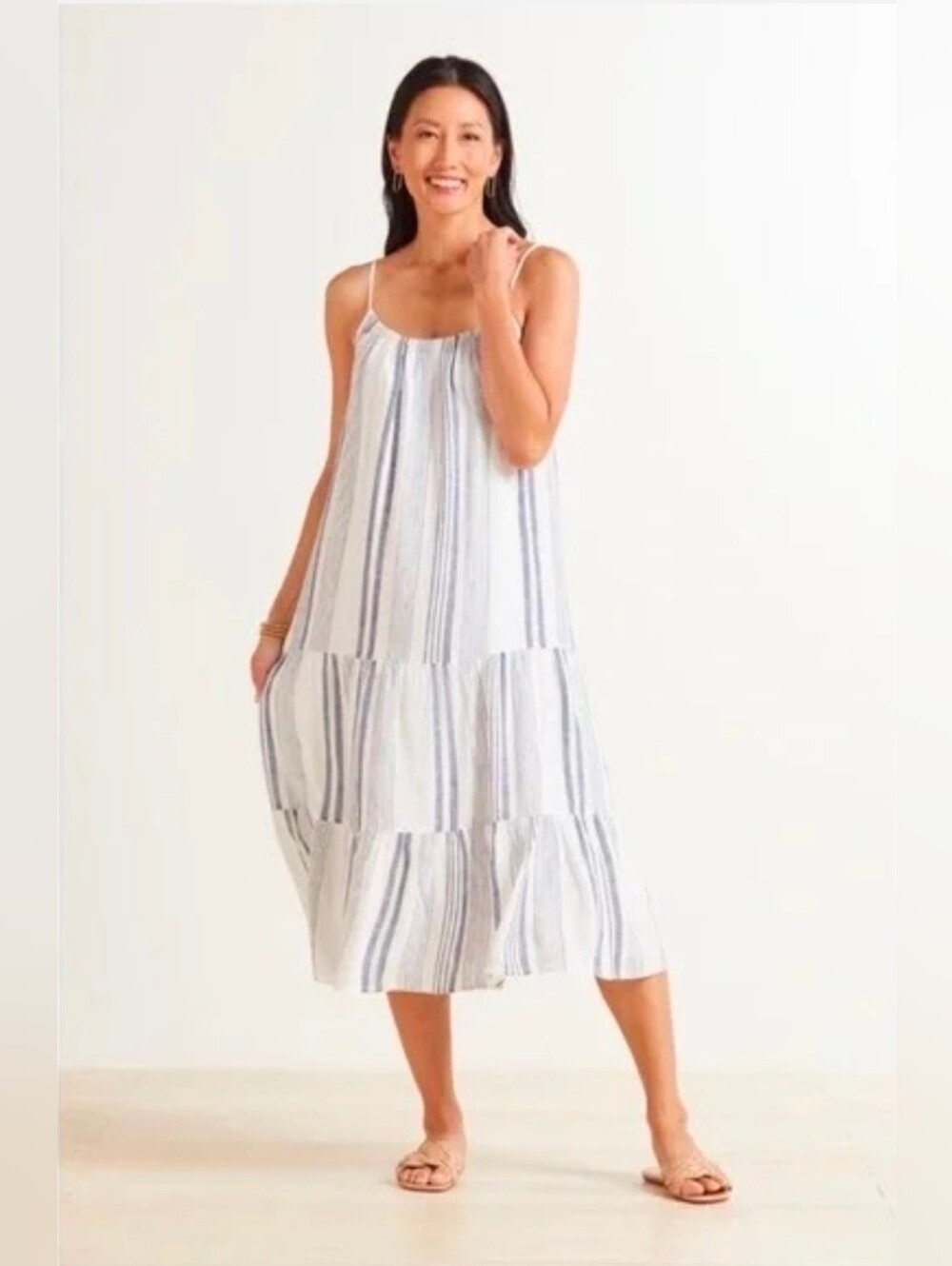 Rails Linen Blend White/Blue Striped Tiered Spaghetti-Strap Midi Dress Size L
